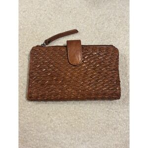 Valenca Holland Woven Leather Bifold Wallet Cognac Brown Zip Top 12 Card Slots